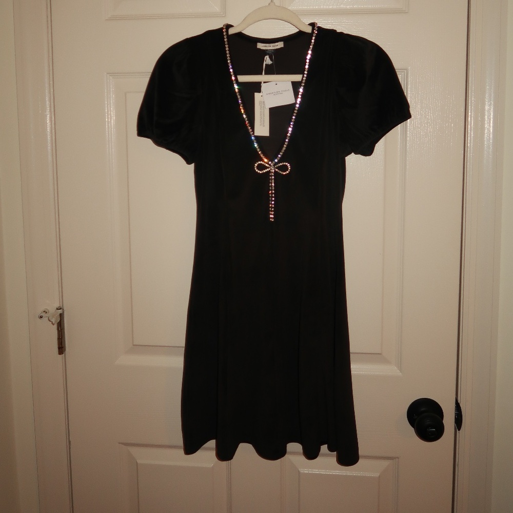 Black Short-Sleeve Dress Rhinestones Bow American Eagle
